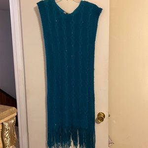 Turquoise Knit Dress with Fringes , Sequins filler and short sleeve.